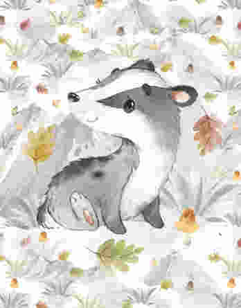 FT panel mountains fall badger 348x445 - 1 French Terry Sweat Stoff Panel mit süßem Fuchs - 40x50cm - Jungen und Mädchen Sommersweat Kinderstoff mit Tiere im Wald - Waldtiere Herbstliebe