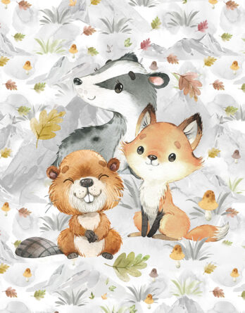 1 French Terry Sweat Stoff Panel mit Dachs, Biber und Fuchs – 40x50cm – Sommersweat Kinderstoff mit Tiere im Wald – Waldtiere Herbstliebe