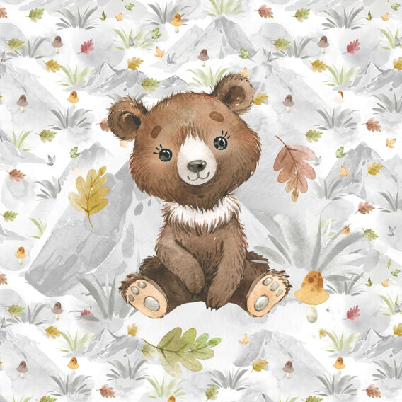 1 French Terry Sweat Stoff Panel mit süßem Bären – 40x50cm – Sommersweat Kinderstoff mit Tiere im Wald – Waldtiere Herbstliebe