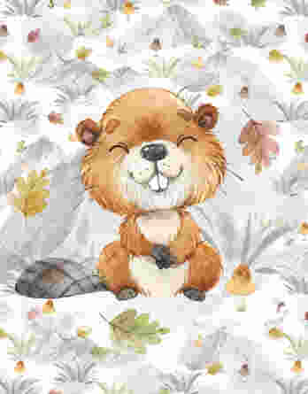FT panel mountains fall beaver 348x445 - 1 French Terry Sweat Stoff Panel mit süßem Dachs - 40x50cm - Sommersweat Kinderstoff mit Tiere im Wald - Waldtiere Herbstliebe