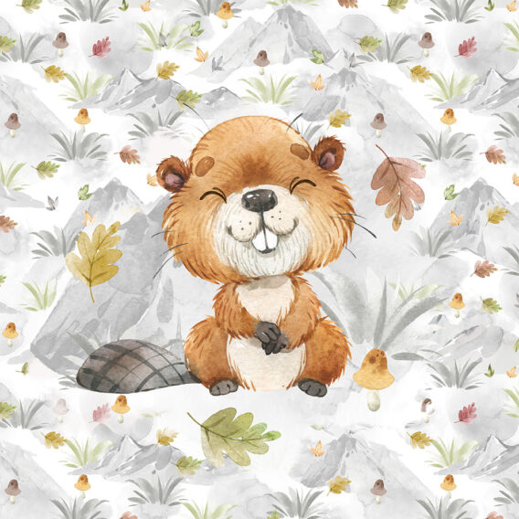 1 French Terry Sweat Stoff Panel mit süßem Biber – 40x50cm – Sommersweat Kinderstoff mit Tiere im Wald – Waldtiere Herbstliebe