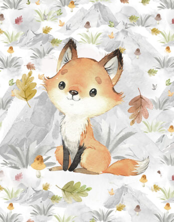 FT panel mountains fall fox 348x445 - 1 French Terry Sweat Stoff Panel mit süßem Biber - 40x50cm - Sommersweat Kinderstoff mit Tiere im Wald - Waldtiere Herbstliebe