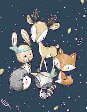 FT panel forest adventures uni navy 348x445 - 1 French Terry Panel mit Waldtiere mit Blumen - Reh Igel Fuchs Hase Waschbär - 40x50cm - Waldfreunde Girls - Digital - Ökotex