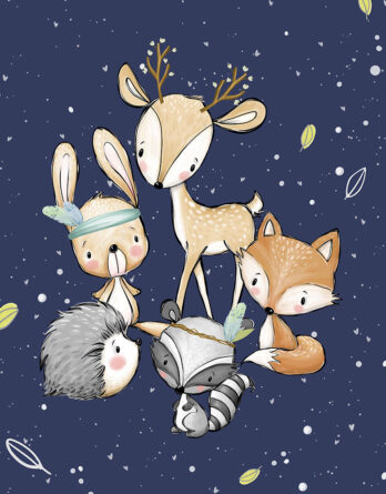 FT panel forest adventures uni navy 348x445 - 0,5m Premium Baumwollstoff mit Waldtiere und Blumen auf weiß - Reh, Fuchs, Igel, Hase und Waschbär im Wald - Mädchen und Damen Tiere Stoff zum Nähen - Digital - Ökotex - Waldfreunde Girls