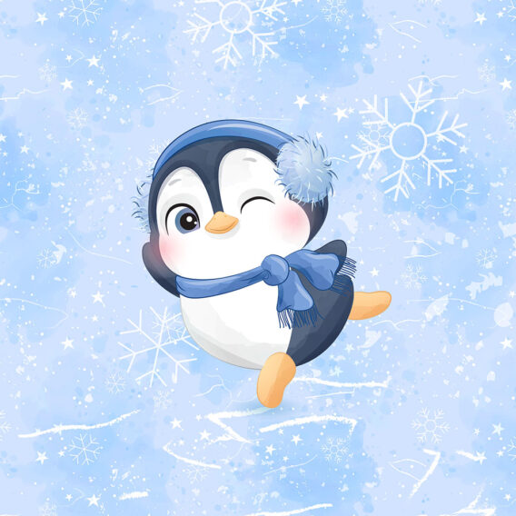 1 French Terry Sweat Stoff Panel mit süßem Pinguin im Winter mit Schneeflocken auf blau – 40x50cm – Mädchen und Jungen Sommersweat Kinderstoff – Digital – Ökotex