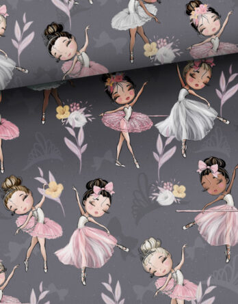 0,5m Premium Baumwollstoff mit Ballerina Mädchen auf grau – Digital – Ökotex