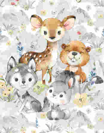 1 French Terry Sweat Stoff Panel mit Waldtiere – Reh, Biber, Wolf und Hase – 40x50cm – Mädchen Sommersweat Kinderstoff mit Tiere im Wald – Digital – Ökotex – Miniliebe
