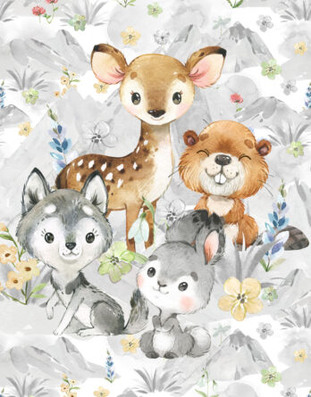 mcolors ft panel mountains spring 348x445 - 0,5m French Terry Sweat Stoff mit Waldtiere - Füchse, Hasen, Biber, Rehe und Wölfe - Sommersweat Kinderstoff mit Tiere im Wald - Digital - Ökotex - Miniliebe