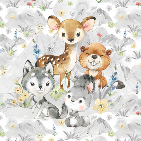 1 French Terry Sweat Stoff Panel mit Waldtiere – Reh, Biber, Wolf und Hase – 40x50cm – Mädchen Sommersweat Kinderstoff mit Tiere im Wald – Digital – Ökotex – Miniliebe