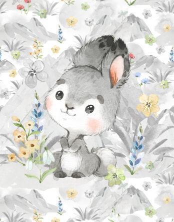 mcolors ft panel mountains spring bunny  348x445 - 0,5m French Terry Sweat Stoff mit Waldtiere - Füchse, Hasen, Biber, Rehe und Wölfe - Sommersweat Kinderstoff mit Tiere im Wald - Digital - Ökotex - Miniliebe