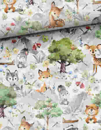 mcolors mountains spring 348x445 - 0,5m Premium Baumwollstoff mit Waldtiere - Reh, Fuchs, Hase, Biber, Dachs, Wolf - Mädchen Kinderstoff mit Tiere im Wald - Digital - Ökotex - Miniliebe