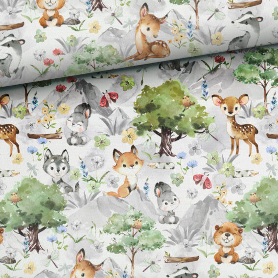 0,5m leichter Baumwolljersey mit Waldtiere – Reh, Fuchs, Hase, Biber, Dachs, Wolf, usw. – Mädchen Kinderstoff mit Tiere im Wald – Digital – Ökotex – Miniliebe