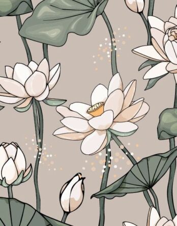 0,5m Jersey Stoff mit Lotusblumen und Blätter auf sand – Ökotex 0,5m Jersey Stoff mit Lotusblumen und Blätter auf sand – Ökotex