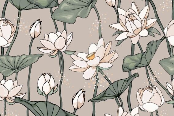 0,5m Jersey Stoff mit Lotusblumen und Blätter auf sand – Ökotex