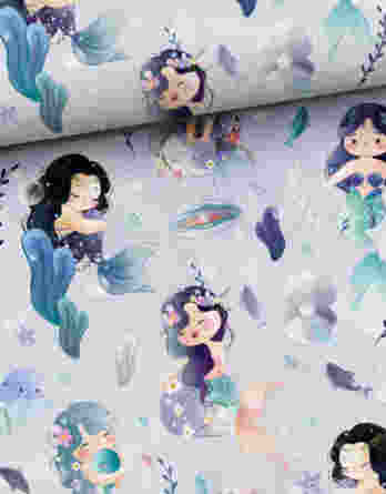 0,5m Mädchen Premium Baumwollstoff mit Meerjungfrauen auf lila – Digital – Ökotex