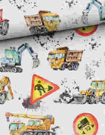 0,5m Jungen French Terry Sweat Stoff mit Baustellen Fahrzeuge – Bagger, Traktoren, LKW, Kräne auf grau / sand – Baggerliebe – Digital – Ökotex