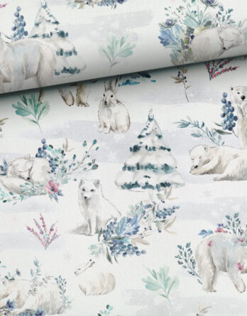 0,5m French Terry Sweat Stoff mit Hasen, Bären und Füchse mit Blumen im Schnee – Winter Polarliebe – Meterware – Digital – Ökotex 0,5m French Terry Sweat Stoff mit Hasen, Bären und Füchse mit Blumen im Schnee – Winter Polarliebe – Meterware – Digital – Ökotex