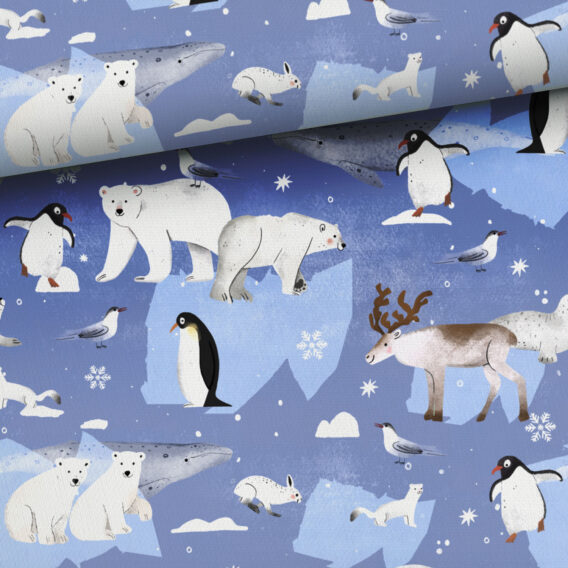 0,5m French Terry Sweat Stoff mit Tiere, wie Eisbär, Elch, Pinguin, Hase, Robbe, Marder und Wal auf blau – Winter Polarspaß – Meterware – Digital – Ökotex