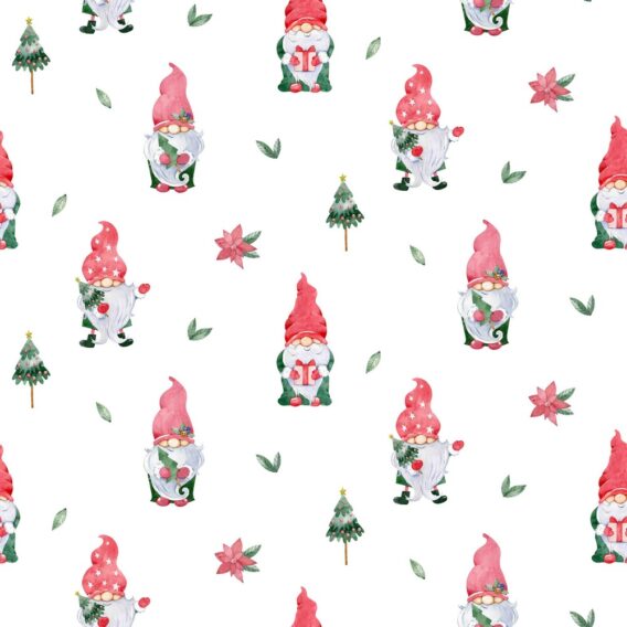 0,5m Baumwollstoff für Weihnachten mit lustige Gnome auf weiß – mit Geschenke, Christbäume, Weihnachtssterne, usw. – Digital – Ökotex