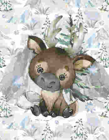 Eisliebe Elch 348x445 - 1 French Terry Sweat Stoff Panel mit Wildtiere - süßer Elch im Schnee - 40x50cm - Jungen und Mädchen Sommersweat Kinderstoff - Digital - Ökotex - Winter Eisliebe