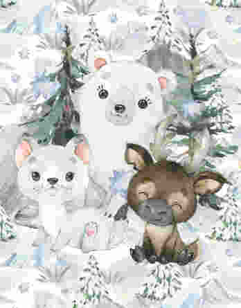 Eisliebe Trio Panel 348x445 - 1 French Terry Sweat Stoff Panel mit süße Wildtiere wie Bär, Marder und Elch - 40x50cm - Winter im Schnee - Eisliebe - Digital - Ökotex