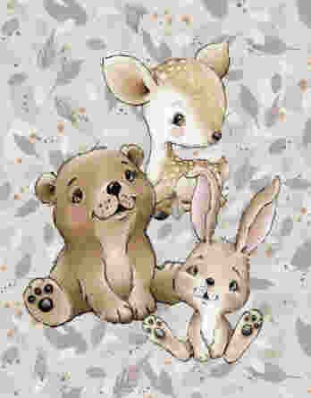 1 French Terry Sweat Stoff Panel mit Waldtiere, wie süßem Reh, Bär und Hase – 40x50cm – Babyliebe – Digital – Ökotex