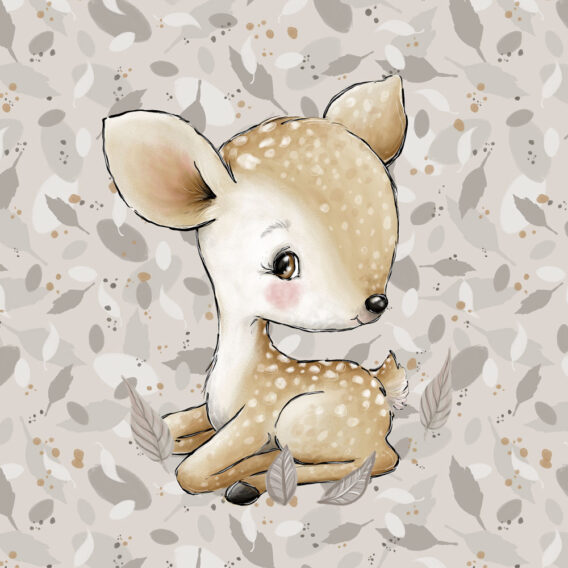 1 French Terry Sweat Stoff Panel mit Waldtiere – süßes Reh als Baby – 40x50cm – Tiere Mädchen Babyliebe – Digital – Ökotex