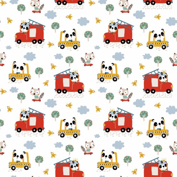 0,5m Baumwollstoff mit Tiere in Feuerwehr Fahrzeuge und Taxi – Pandabär Hund und Vogel auf weiß – Jungen Kinderstoff – Stoff mit Wildtiere – Digital – Ökotex