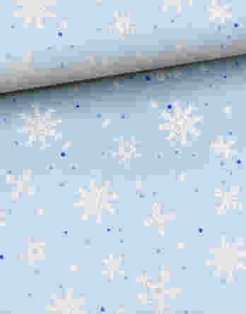 Schneeflocken Kombistoff 348x445 - 1 French Terry Sweat Stoff Panel mit Bär mit Mütze und Geschenk sowie Schneeflocken, Sterne und Punkte - 40x50cm - Schneeliebe - Digital - Ökotex