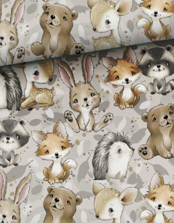 0,5m Premium Baumwollstoff mit Waldtiere wie Reh, Bär, Hase, Igel, Fuchs und Waschbär auf Blätter – Babyliebe mit Tiere im Wald – Digital – Ökotex 0,5m Premium Baumwollstoff mit Waldtiere wie Reh, Bär, Hase, Igel, Fuchs und Waschbär auf Blätter – Babyliebe mit Tiere im Wald – Digital – Ökotex