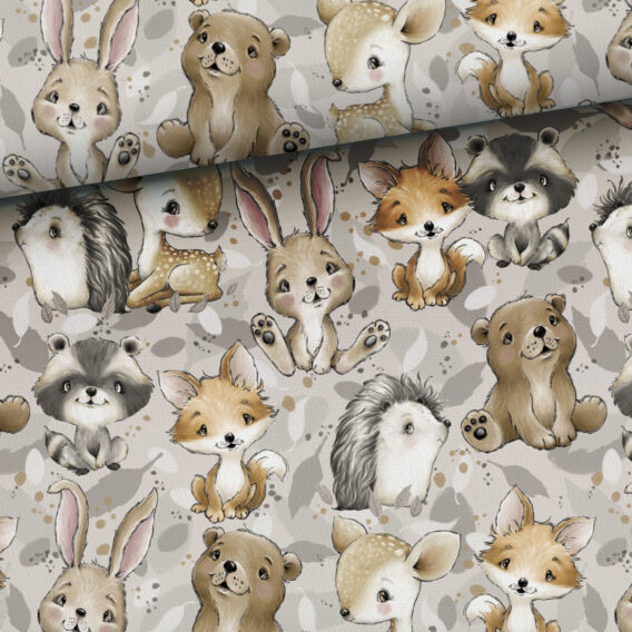 0,5m Premium Baumwollstoff mit Waldtiere wie Reh, Bär, Hase, Igel, Fuchs und Waschbär auf Blätter – Babyliebe mit Tiere im Wald – Digital – Ökotex