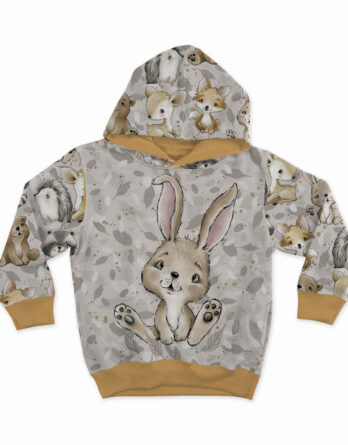 0,5m Premium Baumwollstoff mit Waldtiere wie Reh, Bär, Hase, Igel, Fuchs und Waschbär auf Blätter - Babyliebe mit Tiere im Wald - Digital - Ökotex pullower dzieciaki lasu zajaczek 348x445 - 0,5m Premium Baumwollstoff mit Waldtiere wie Reh, Bär, Hase, Igel, Fuchs und Waschbär auf Blätter - Babyliebe mit Tiere im Wald - Digital - Ökotex