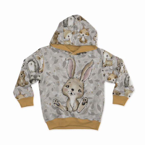 0,5m French Terry Sweat Stoff mit Waldtiere – Reh, Bär, Hase, Igel, Fuchs und Waschbär auf Blätter – Tiere Babyliebe – Digital – Ökotex