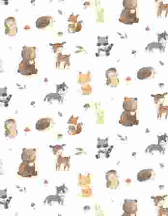 0,5m Baumwollstoff mit Waldtiere auf weiß – Wolf, Reh, Fuchs, Igel, Hase, Waschbär, Eule, Bär, Eichhörnchen – Waldtier Club – Digital – Ökotex