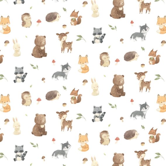 0,5m Baumwollstoff mit Waldtiere auf weiß – Wolf, Reh, Fuchs, Igel, Hase, Waschbär, Eule, Bär, Eichhörnchen – Waldtier Club – Digital – Ökotex