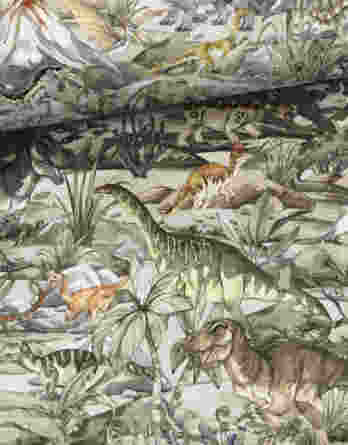 Dinoland 2 348x445 - 0,5m French Terry Sweat Stoff mit Dinosaurier auf grün - braun, beige, grau und schwarz - Sommersweat Dinoland - Digital - Ökotex