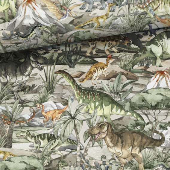 0,5m French Terry Sweat Stoff mit Dinosaurier auf grün – braun, beige, grau und schwarz – Sommersweat Dinoland – Digital – Ökotex