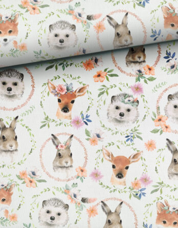 0,5m Baumwollstoff mit Reh, Igel, Fuchs und Hase mit Blumen und Blumenkranz – Digital – Ökotex