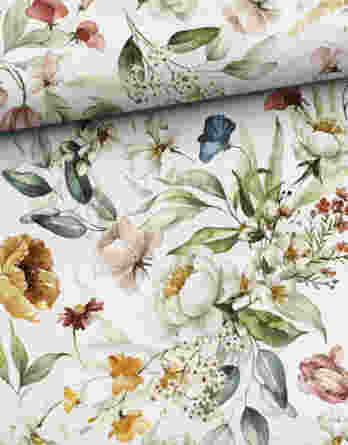 0,5m Premium Baumwollstoff mit Christrosen, Schneerosen, Tulpen und andere Blumen – Mädchen und Damen – Digital – Ökotex