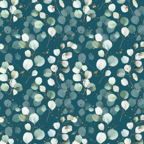 0,5m Bio Jersey Stoff mit Eukalyptus Blätter auf petrol – grau, petrol, mint, grün, braun, gold, weiß – Damen und Mädchen Stoff – Digital – GOTS