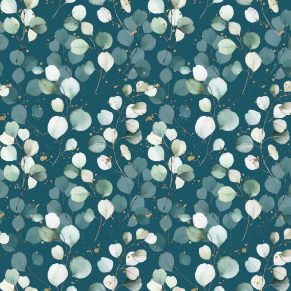0,5m Jersey Stoff mit Eukalyptus Blätter auf petrol – grau, petrol, mint, grün, braun, gold, weiß – Damen und Mädchen – Digital – Ökotex