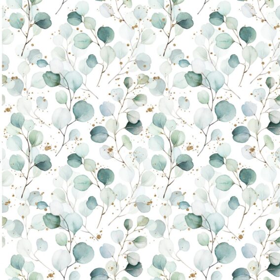 0,5m Jersey Stoff mit Eukalyptus Blätter auf weiß – grau, petrol, mint, grün, braun, gold, weiß – Damen und Mädchen – Digital – Ökotex