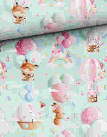 0,5m French Terry Sweat Stoff mit Tiere und Luftballons – Fuchs Einhorn Elefant – mint rosa pink blau – Mädchen Kinderstoff- Sommersweat – Digital – Ökotex