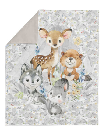 Miniliebe Tuchent 75 100cm 348x445 - 1 French Terry Sweat Stoff Panel mit Waldtiere - Reh, Biber, Wolf und Hase - 40x50cm - M&auml;dchen Sommersweat Kinderstoff mit Tiere im Wald - Digital - &Ouml;kotex - Miniliebe
