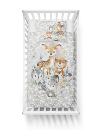 Miniliebe Tuchent 75 100cm Bettwaesche gesamt 348x445 - 1 French Terry Sweat Stoff Panel mit Waldtiere - Reh, Biber, Wolf und Hase - 40x50cm - M&auml;dchen Sommersweat Kinderstoff mit Tiere im Wald - Digital - &Ouml;kotex - Miniliebe