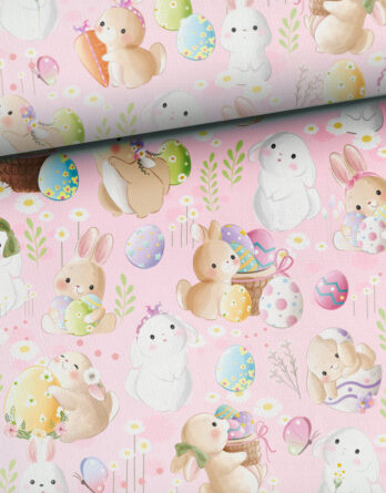 0,5m Premium Baumwollstoff mit Waldtiere – Hasen und Kaninchen mit Blumen und Ostereier – Osterstoff auf pastell rosa, lila, pink, grün, blau, gelb, orange – Digital – Ökotex