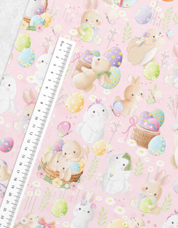0,5m Premium Baumwollstoff mit Waldtiere – Hasen und Kaninchen mit Blumen und Ostereier – Osterstoff auf pastell rosa, lila, pink, grün, blau, gelb, orange – Digital – Ökotex