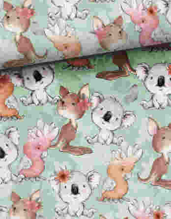 0,5m French Terry Sweat Stoff mit süße Wildtiere – Koalabär, Känguru, Papagei und Blumen auf mint – Jungen und Mädchen Sommersweat Kinderstoff mit Tiere – Digital – Ökotex – Tierfamilie