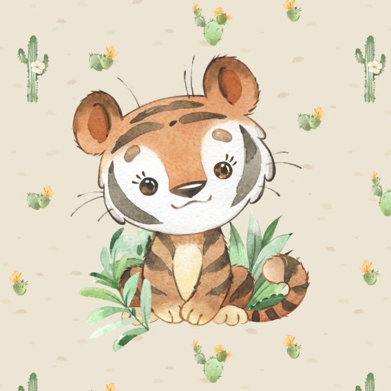 1 French Terry Sweat Stoff Panel mit Wildtiere – Tiger mit Kaktus auf sand – 40x50cm – Mädchen und Jungen Sommersweat Kinderstoff – Digital – Ökotex – Tierfamilie