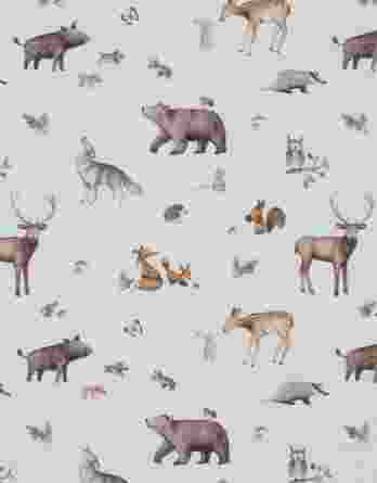 0,5m Baumwollstoff mit Waldtiere auf weiß – Wolf, Reh, Fuchs, Igel, Hase, Eule, Waschbär, Hirsch, Wildschwein, Maus, Bär, Eichhörnchen – Digital – Ökotex